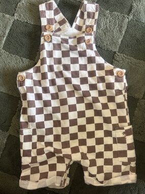 Toddler Checkerboard Knit Shortalls - Cream and Brown
